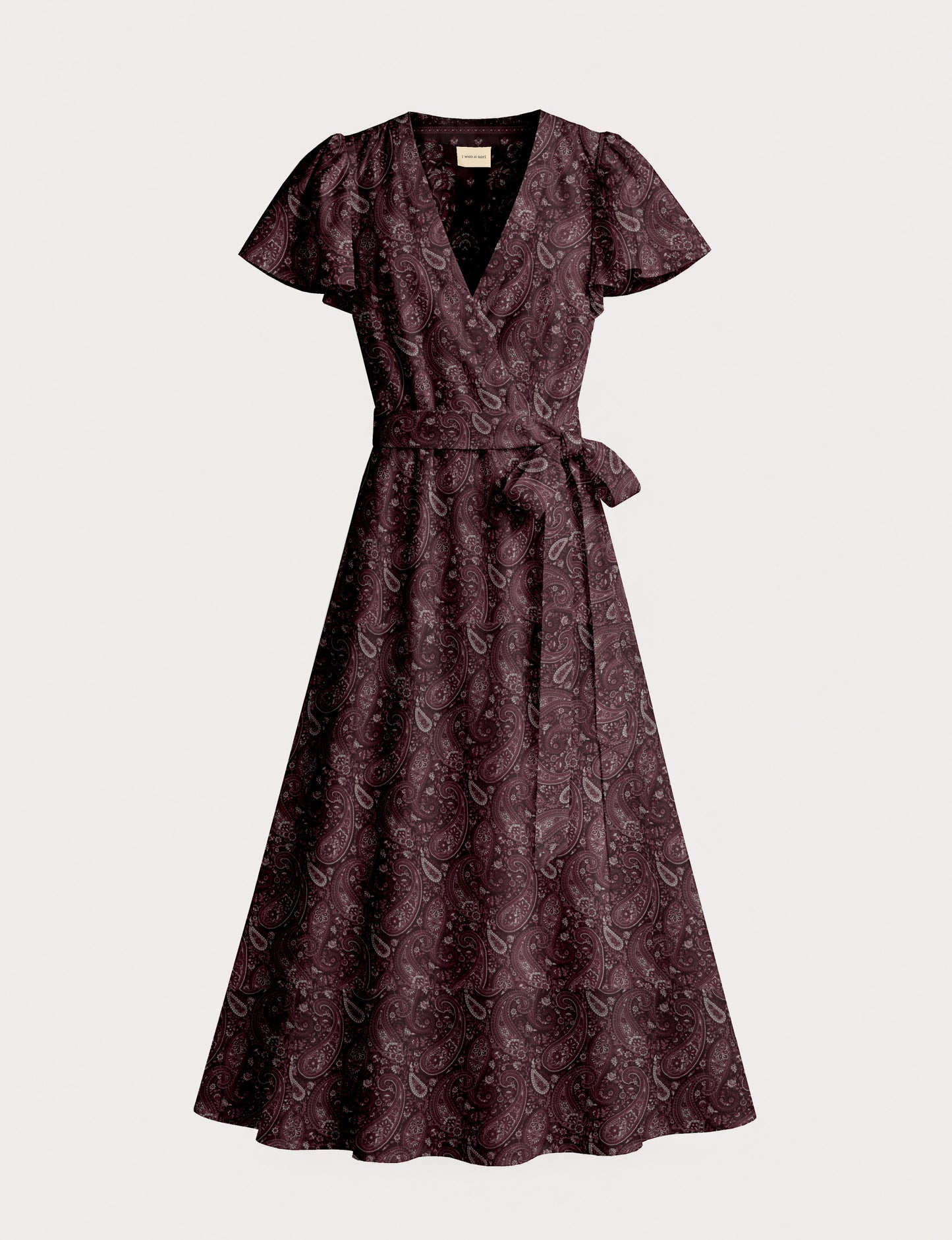 Midi wrap dress with V-neckline, fitted bodice, tie waist, and flared mid-calf skirt