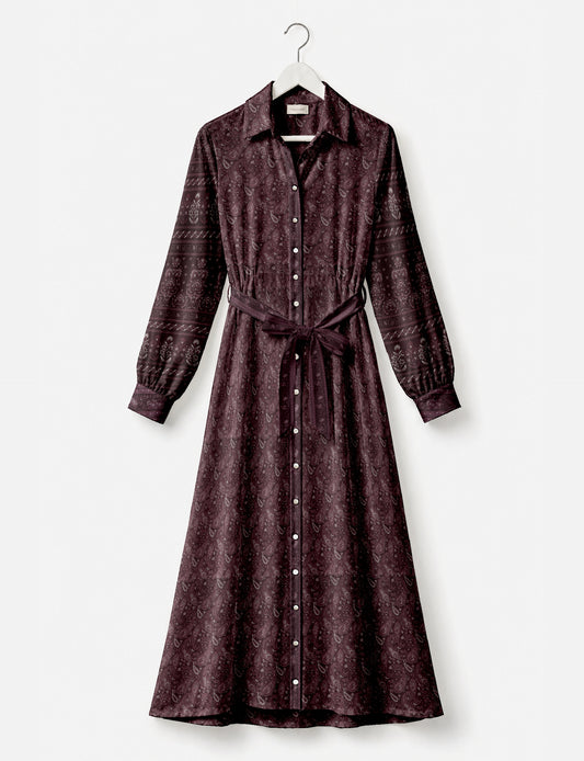 Long shirt dress side view highlighting flared silhouette