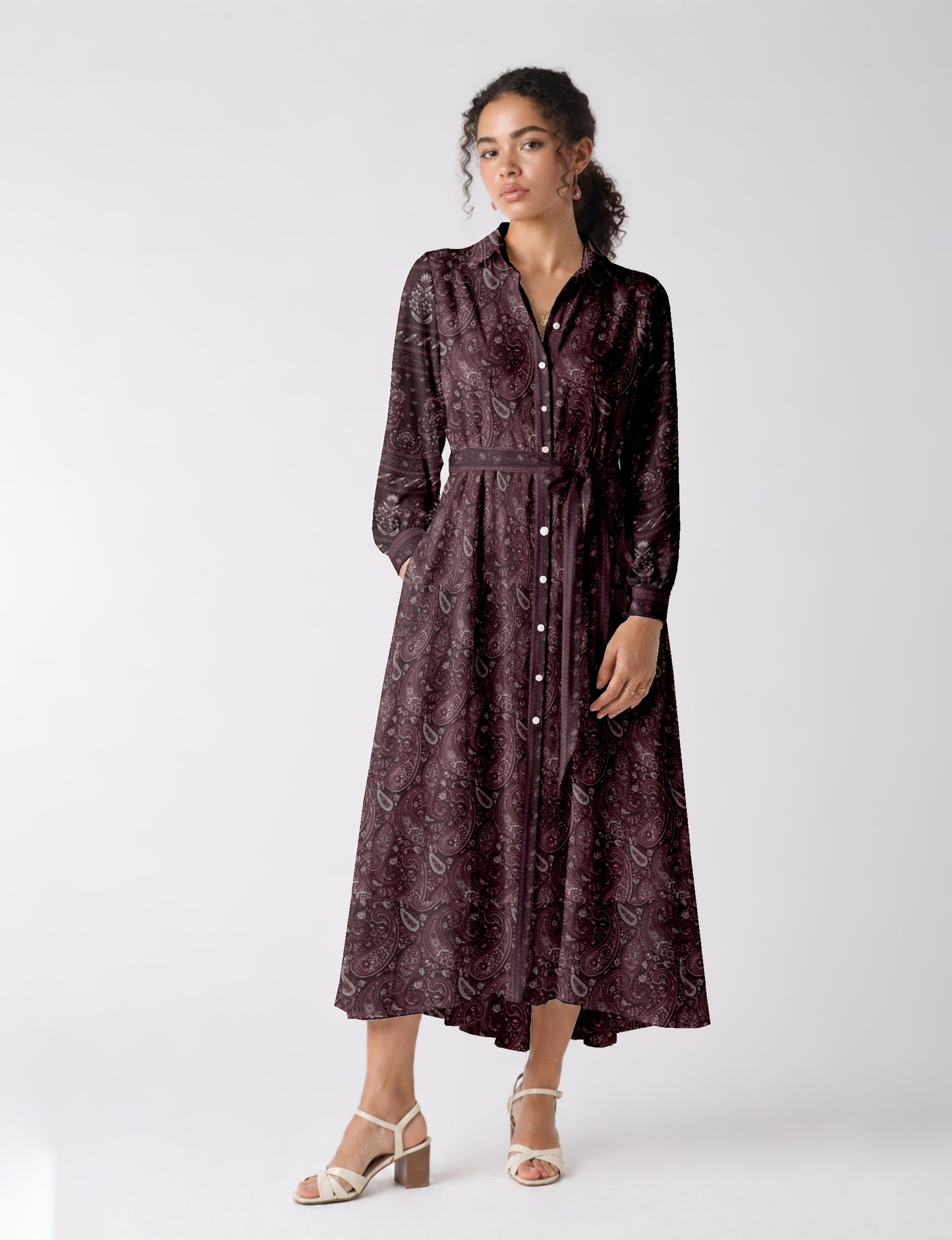 Long shirt dress by I was a Sari with A-line silhouette and tie belt