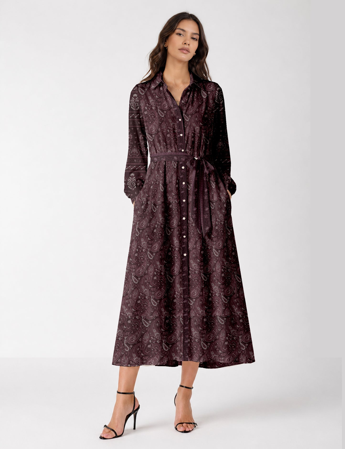 Long shirt dress by I was a Sari with A-line silhouette and tie belt