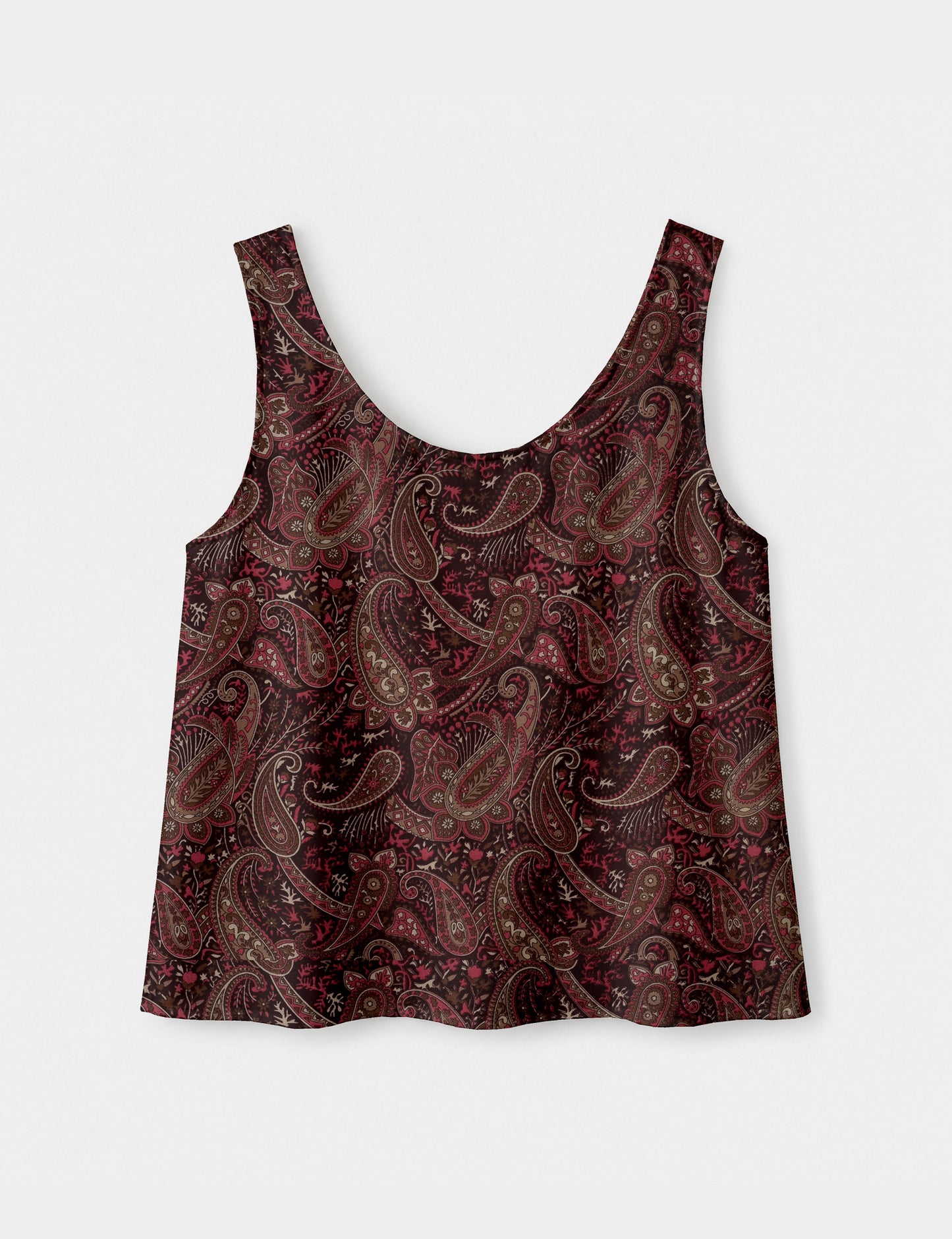 Women's sleeveless blouse with a relaxed straight fit, wide scoop neckline, deep scoop back, and hip-length silhouette.