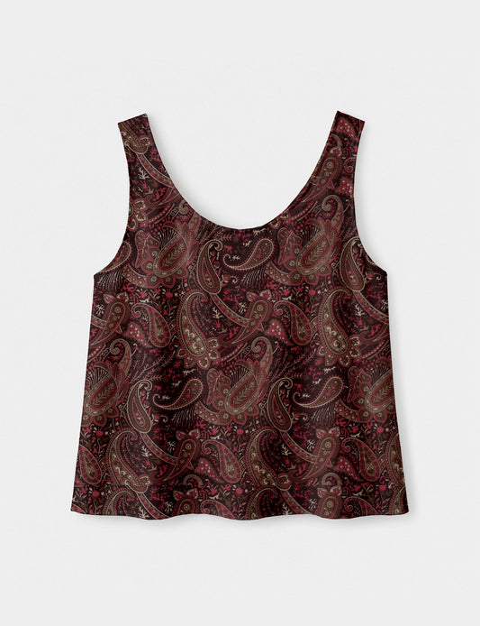 Women's sleeveless blouse with a relaxed straight fit, wide scoop neckline, deep scoop back, and hip-length silhouette.