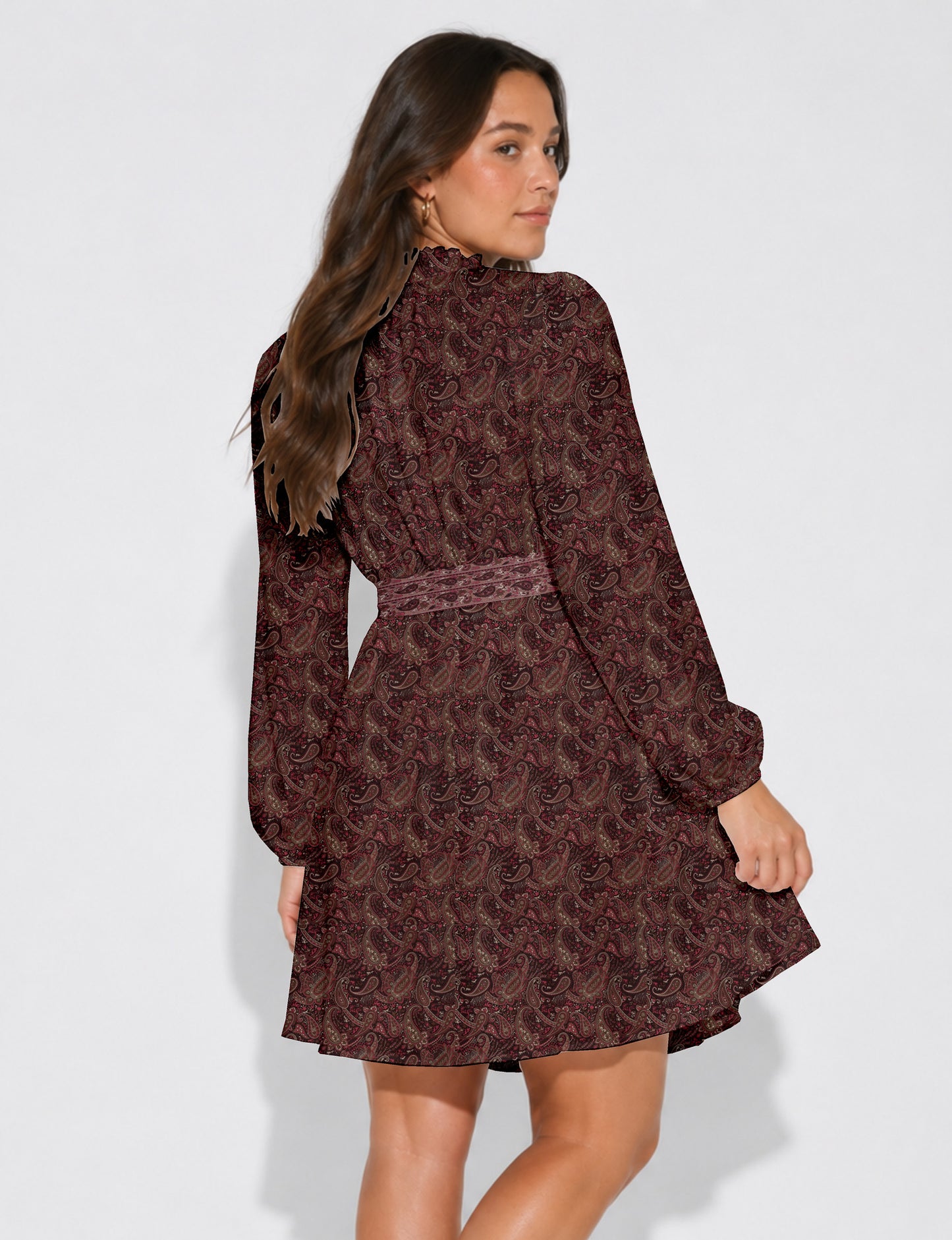 Swing dress with belt - Brown Paisley
