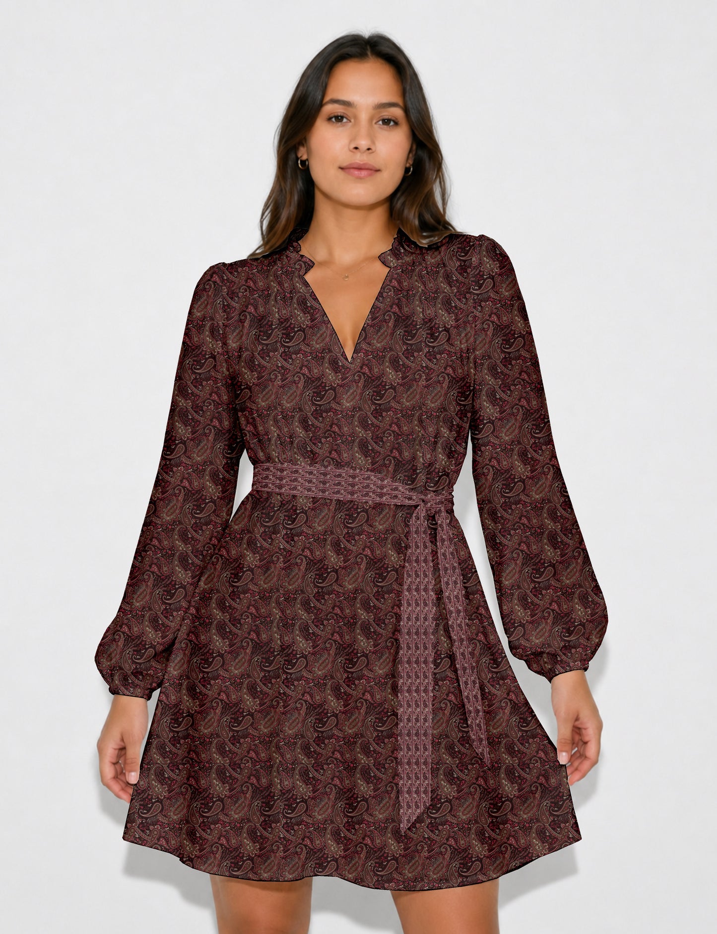 Swing dress with belt - Brown Paisley