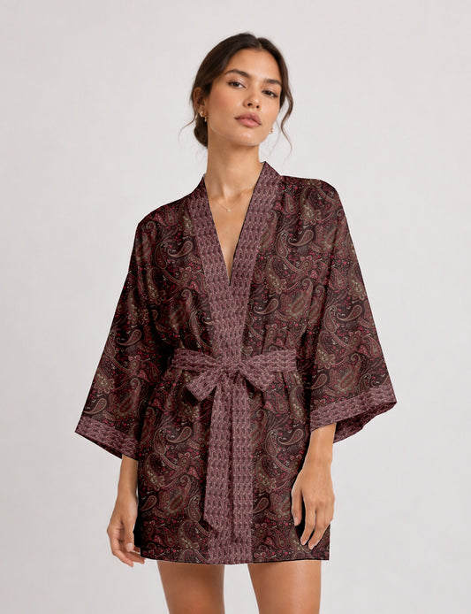 Short kimono robe with wrap front, V-neckline, wide sleeves, waist tie, and concealed skort detail.