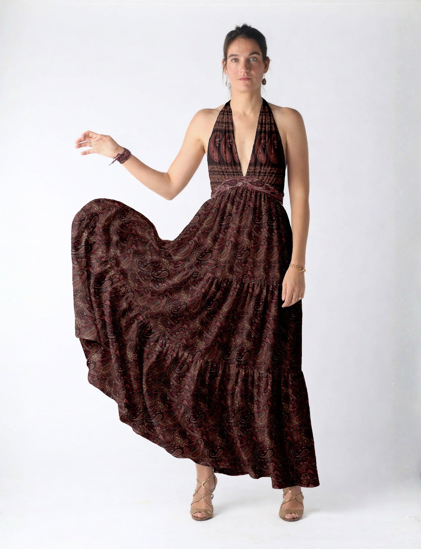 Maxi tiered dress by I was a Sari with halter neckline and flowy silhouette