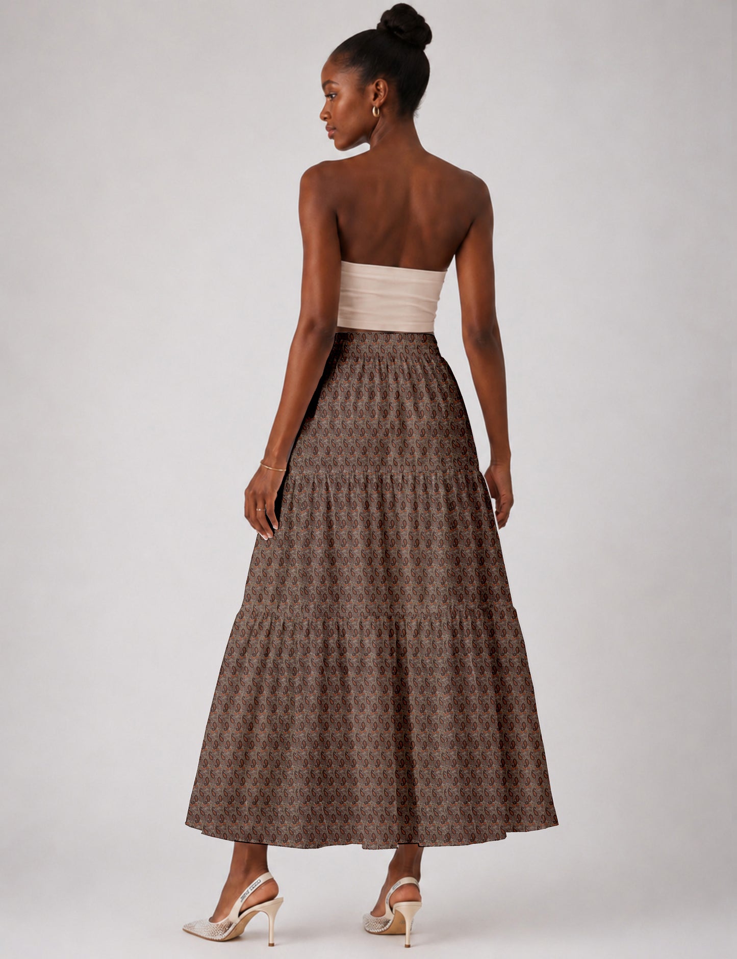 Midi Tiered Skirt - Brown Paisley