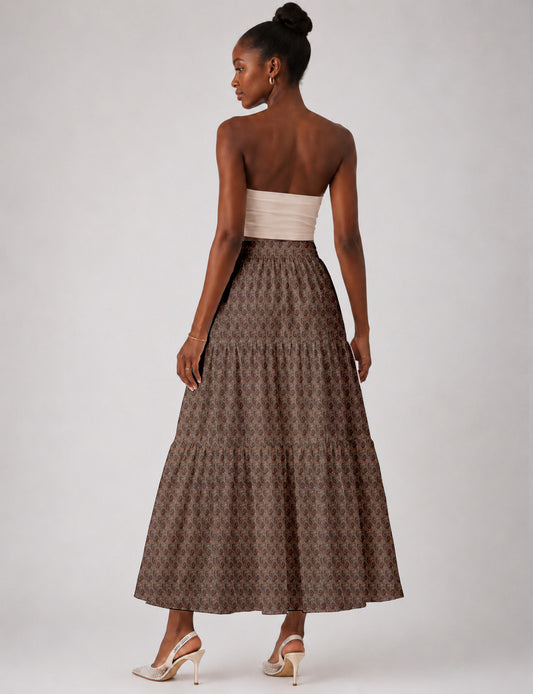 Midi Tiered Skirt - Brown Paisley