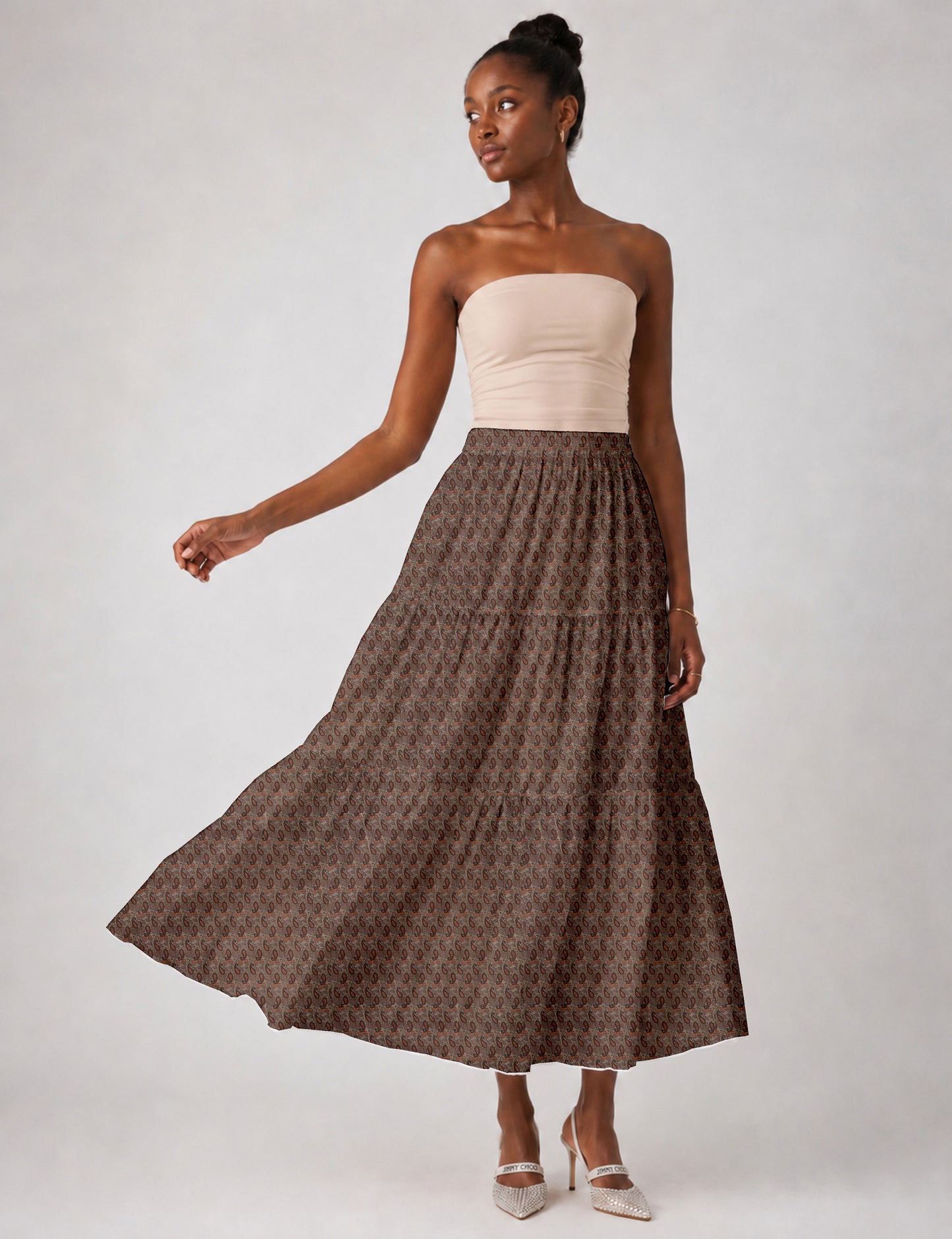 Midi Tiered Skirt - Brown Paisley
