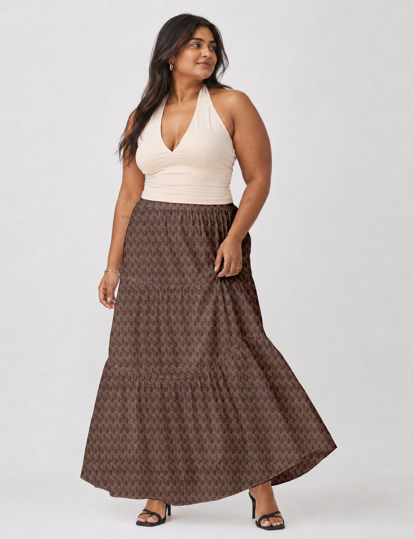 Midi Tiered Skirt - Brown Paisley