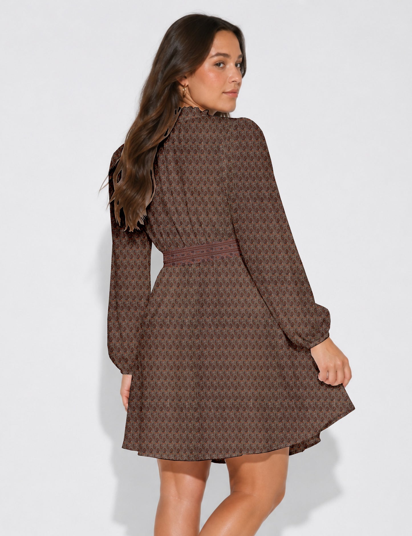 Swing dress with belt - Brown Paisley