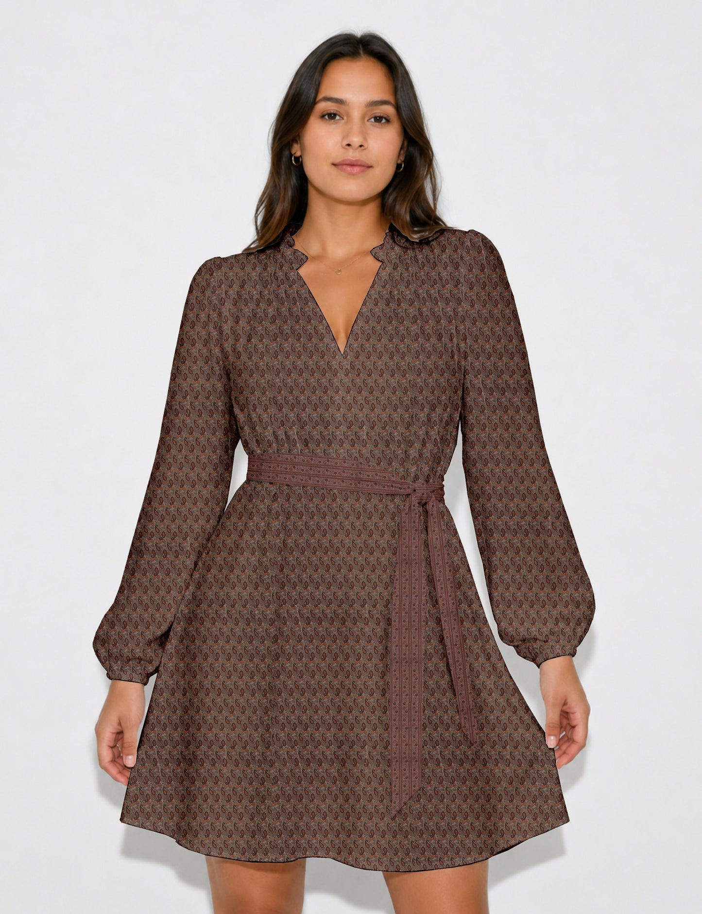 Swing dress with belt - Brown Paisley