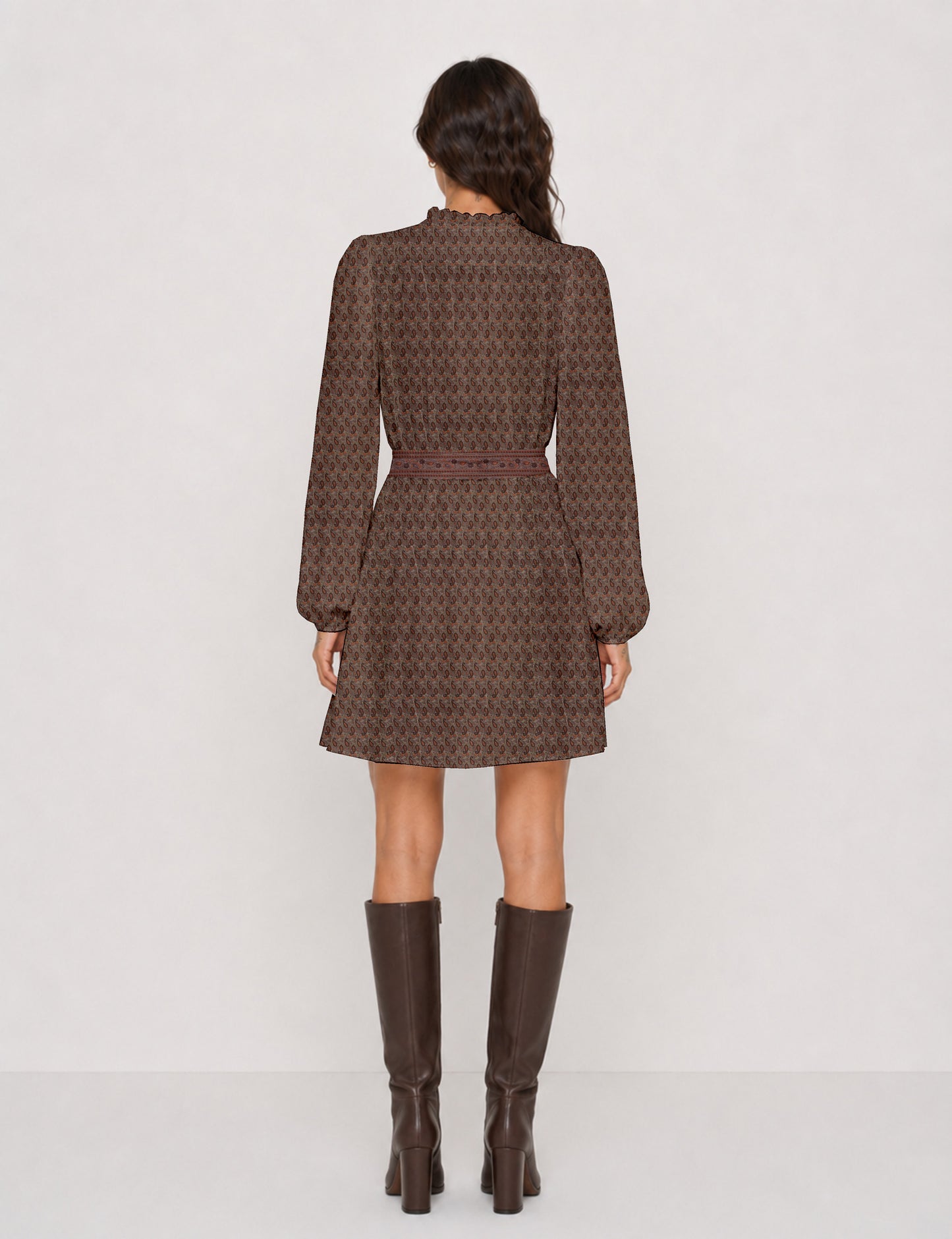 Swing dress with belt - Brown Paisley