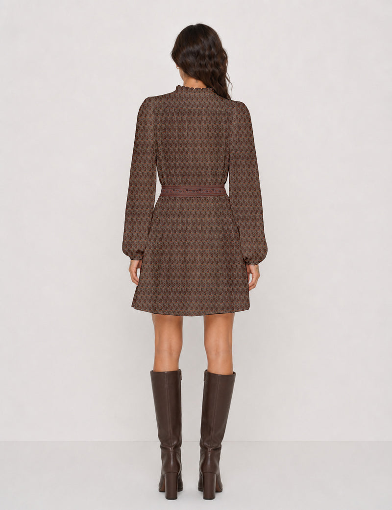 Swing dress with belt - Brown Paisley
