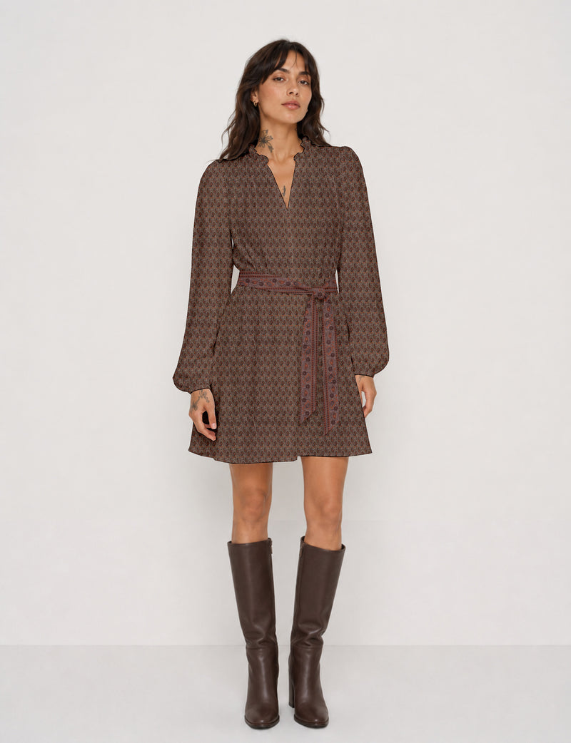 Swing dress with belt - Brown Paisley