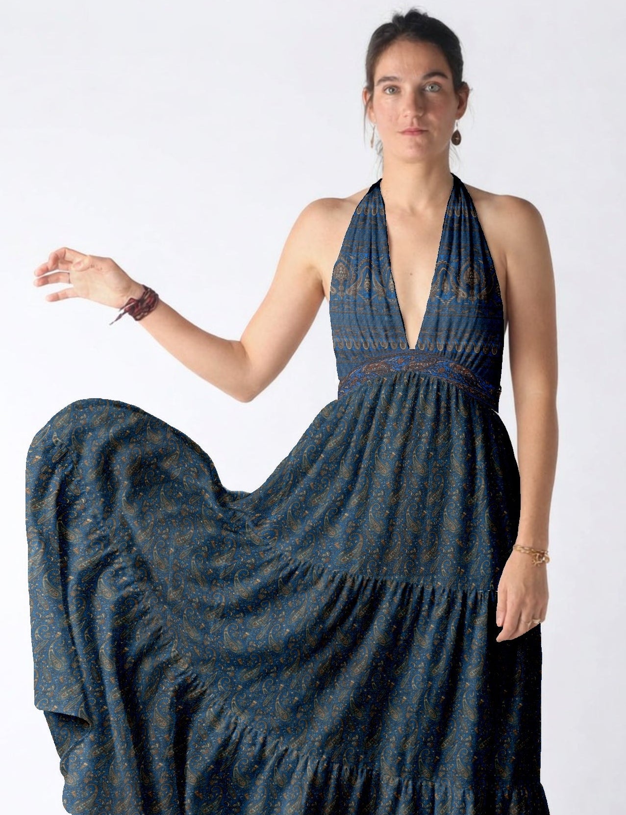 Maxi tiered dress by I was a Sari with halter neckline and flowy silhouette