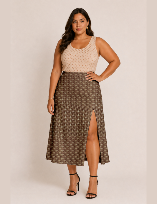 Woman wearing a yellow and black micro patterned A-line skirt with front slit, paired with beige sleeveless top and black