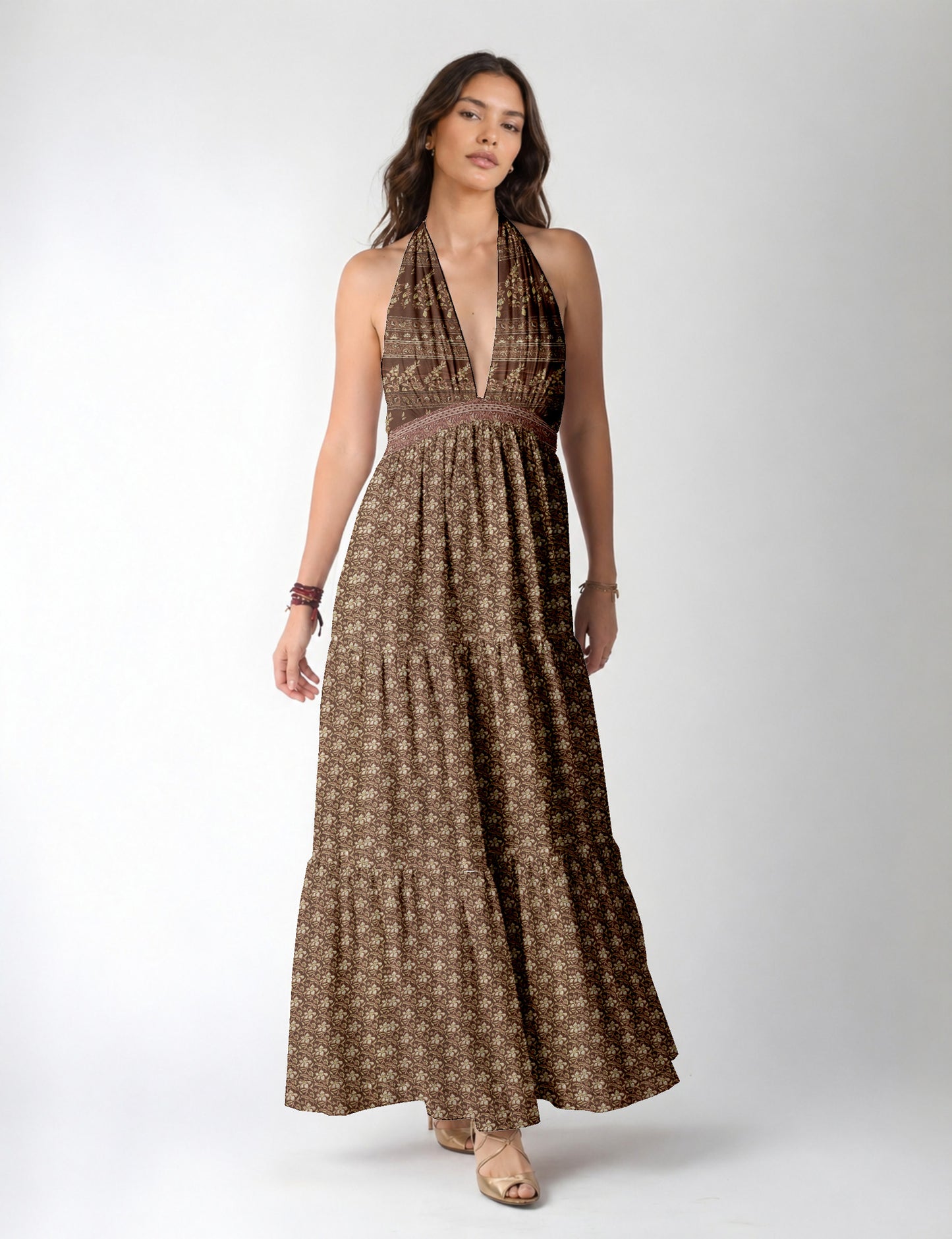 Maxi tiered dress by I was a Sari with halter neckline and flowy silhouette