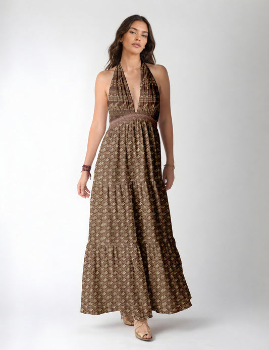 Maxi tiered dress by I was a Sari with halter neckline and flowy silhouette