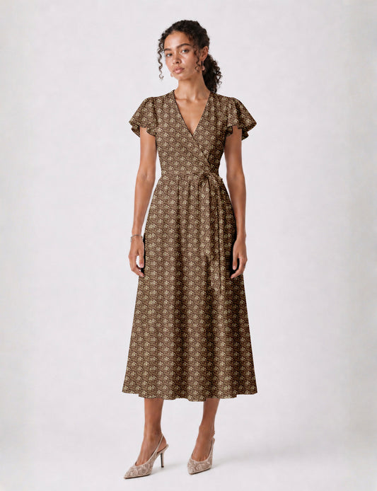 Elegant midi wrap dress with a V-neckline, adjustable waist tie, fitted bodice, and flared skirt for a timeless, flattering silhouette.