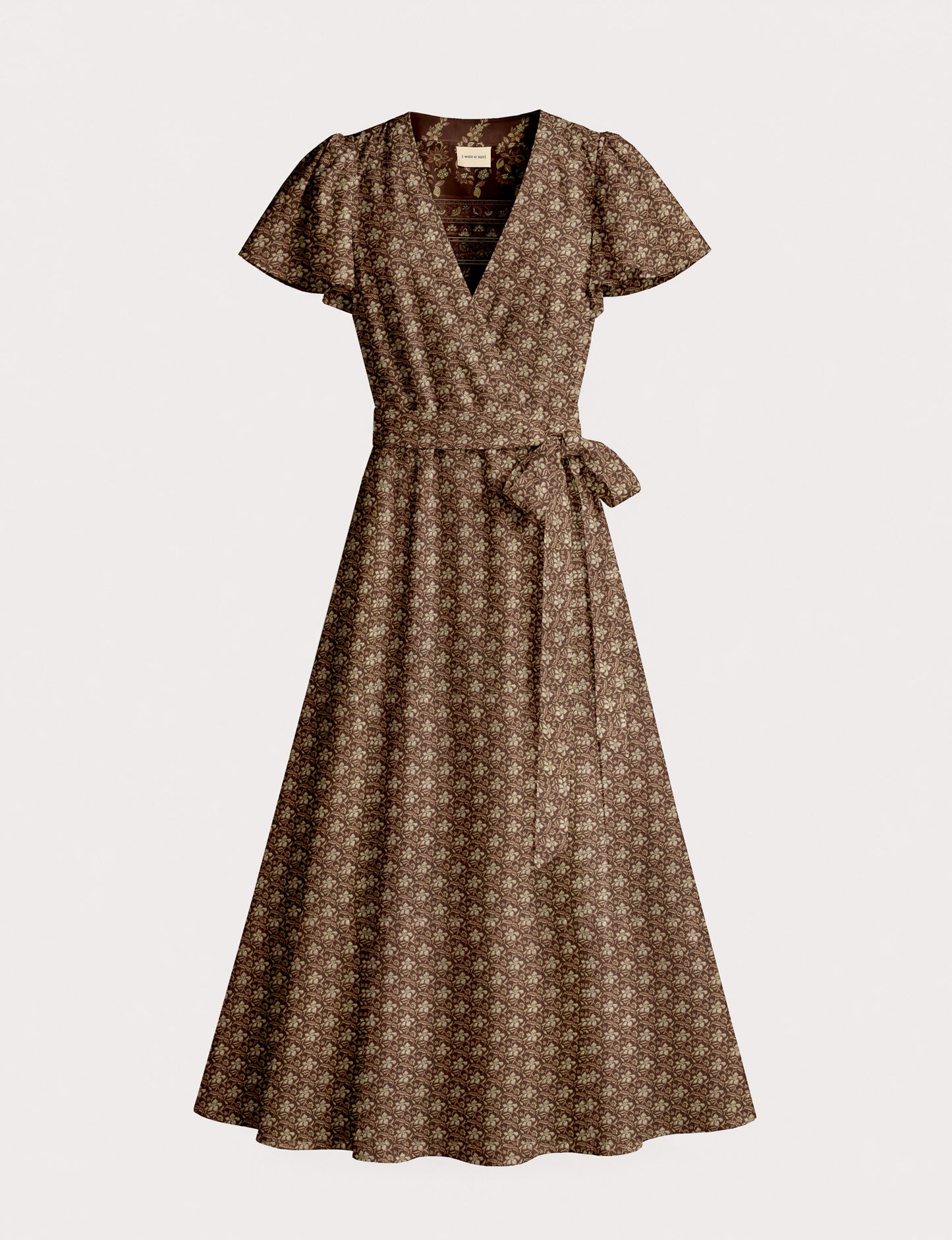Elegant midi wrap dress with a V-neckline, adjustable waist tie, fitted bodice, and flared skirt for a timeless, flattering silhouette.