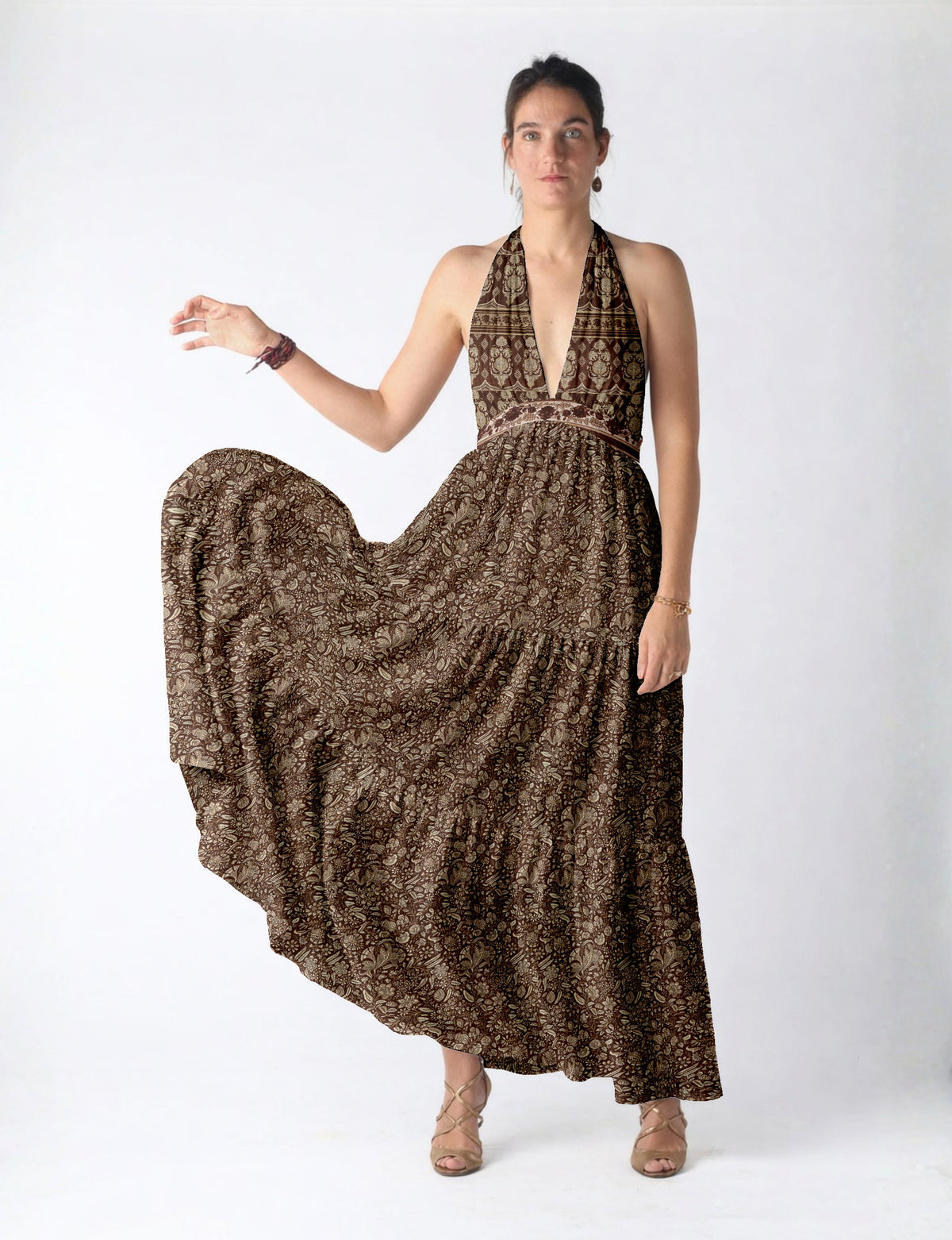 Maxi tiered dress by I was a Sari with halter neckline and flowy silhouette