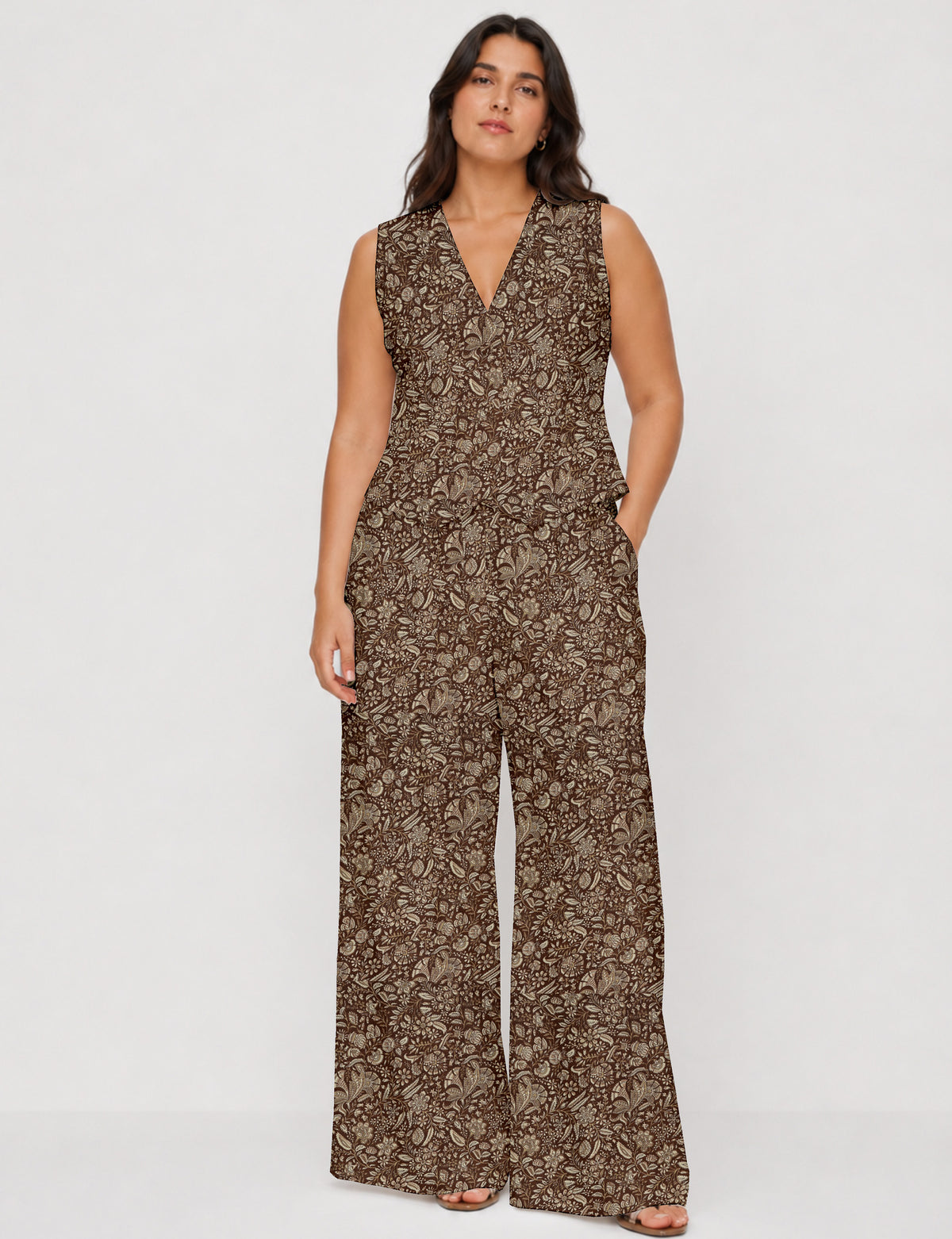 Women's tailored waistcoat set with a sleeveless V-neck button-front waistcoat and high-rise wide leg trousers in a coordinated matching outfit.