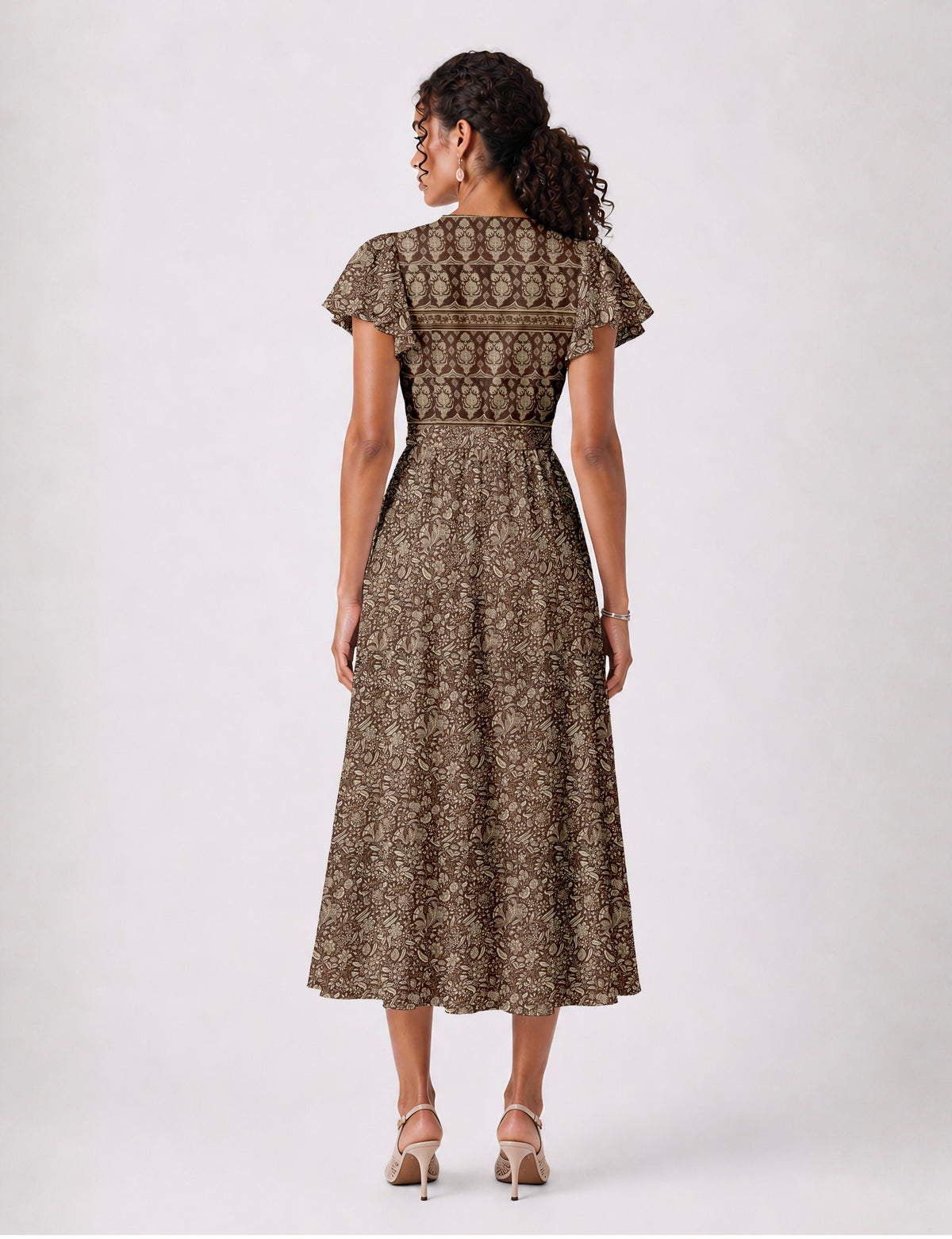 Elegant midi wrap dress with a V-neckline, adjustable waist tie, fitted bodice, and flared skirt for a timeless, flattering silhouette.