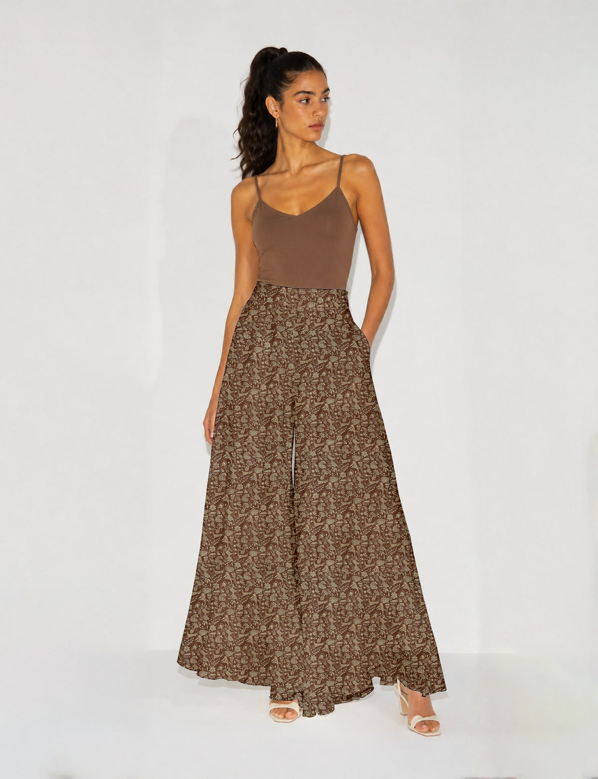 Wide Leg Palazzo Trousers - Brown Tropical