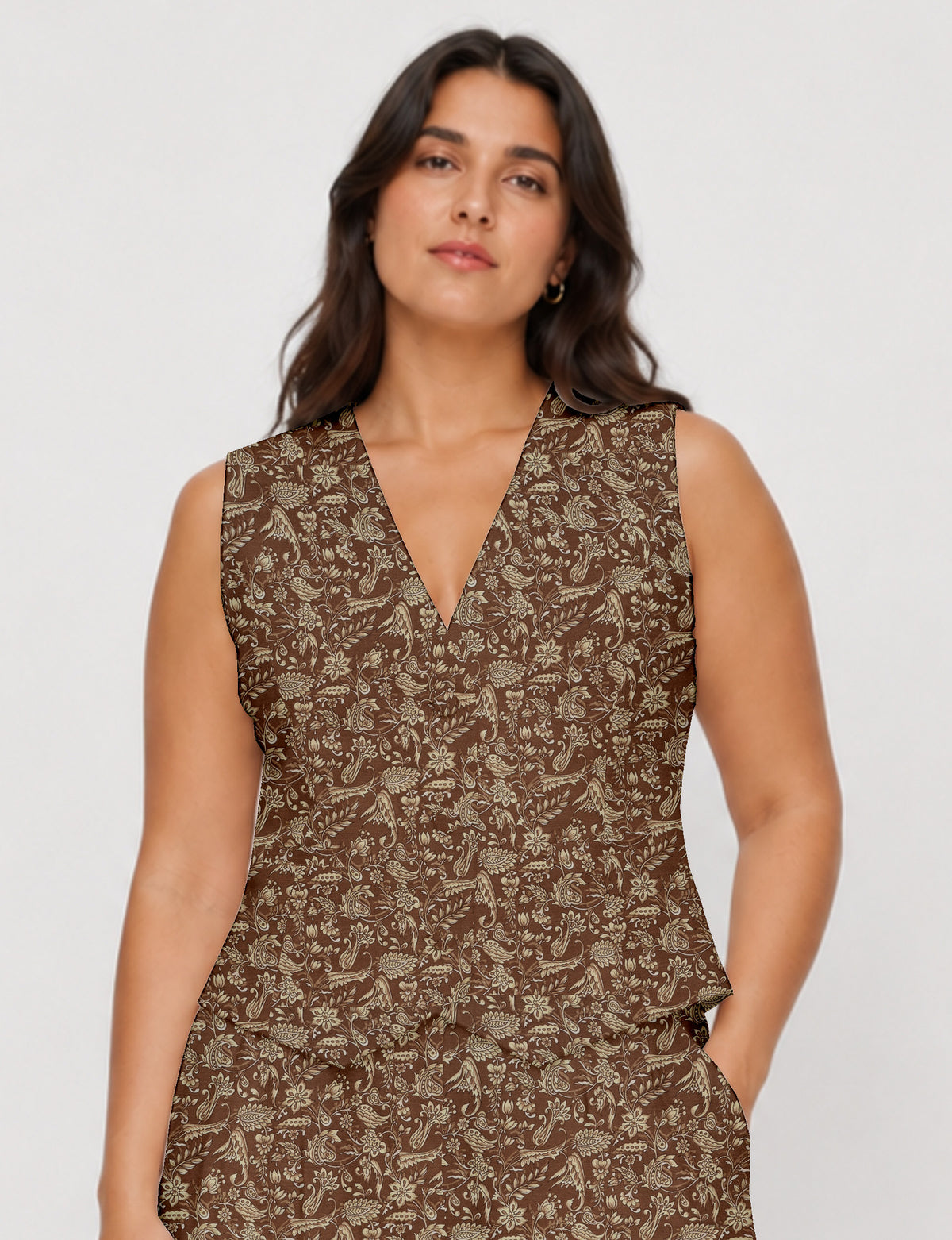Women's fitted waistcoat with V-neck, single-breasted button closure, tailored silhouette, and pointed hem in sustainable fashion.