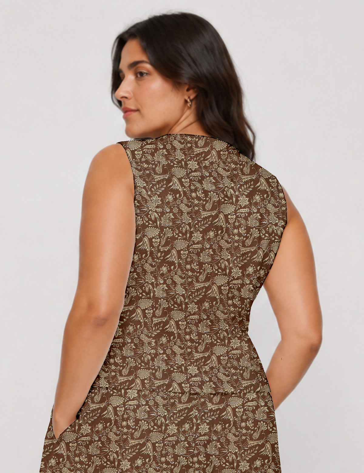 Women's fitted waistcoat with V-neck, single-breasted button closure, tailored silhouette, and pointed hem in sustainable fashion.