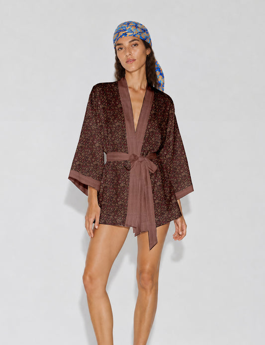 Short kimono robe - Brown Tropical