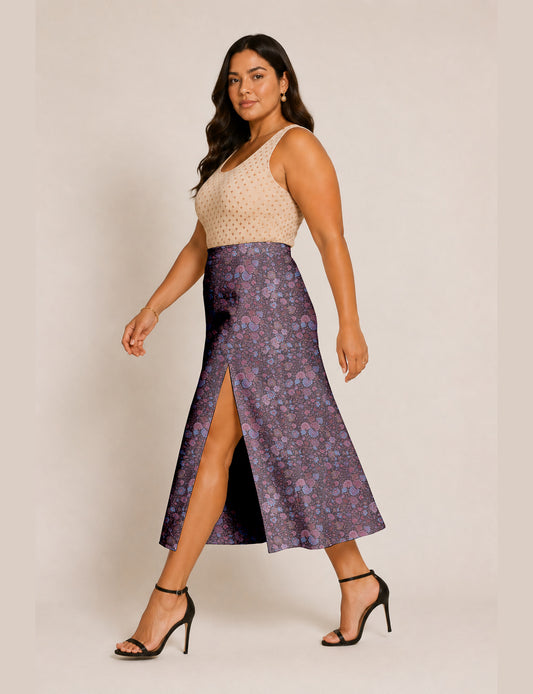 Woman wearing a yellow and black micro patterned A-line skirt with front slit, paired with beige sleeveless top and black