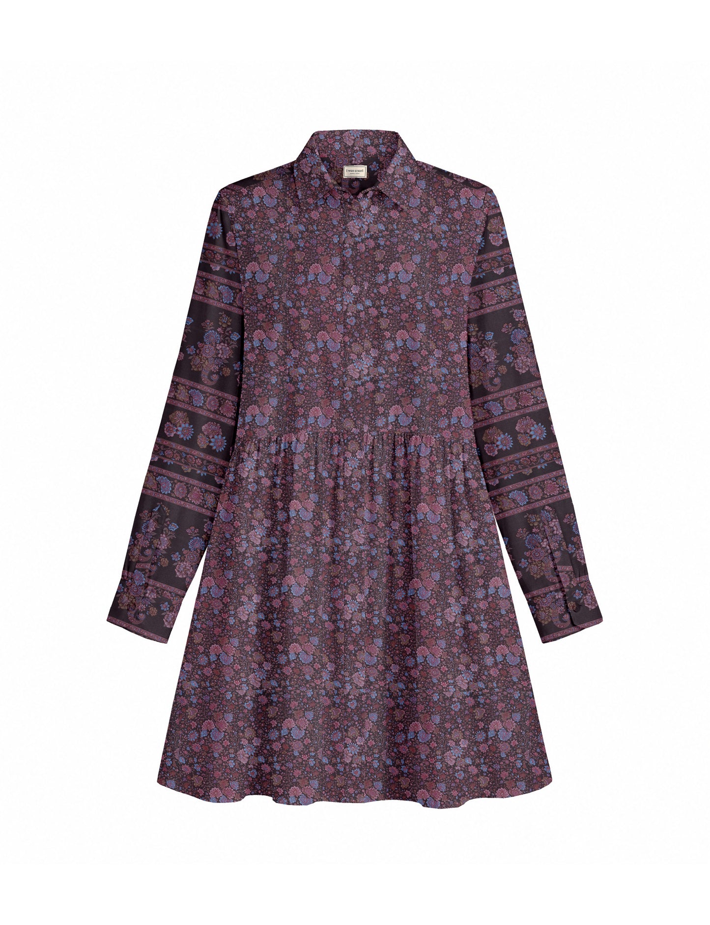 Short shirt dress with a relaxed A-line silhouette, point collar, partial button placket, gathered waist, side pockets, and full-length cuffed sleeves.