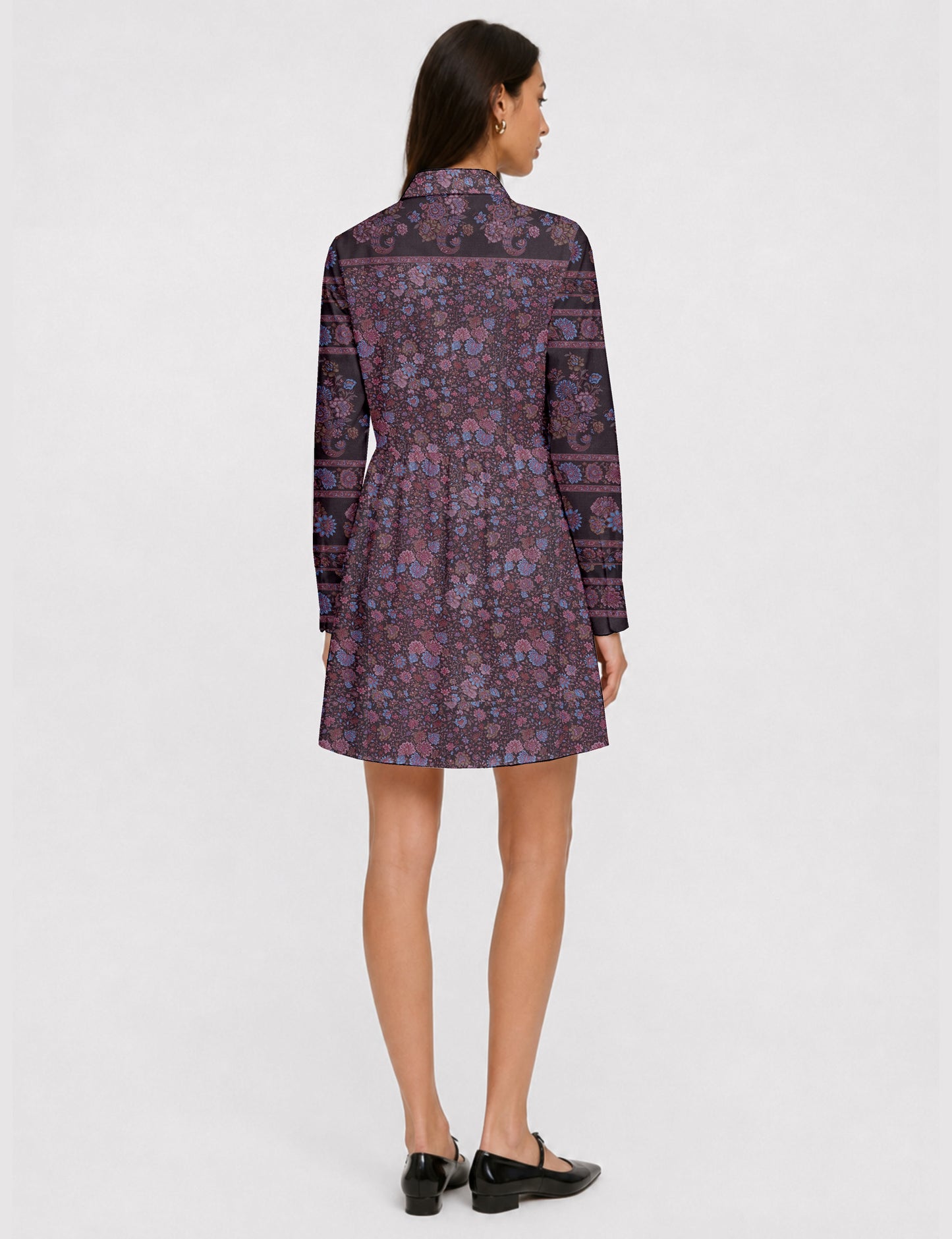 Short shirt dress with a relaxed A-line silhouette, point collar, partial button placket, gathered waist, side pockets, and full-length cuffed sleeves.