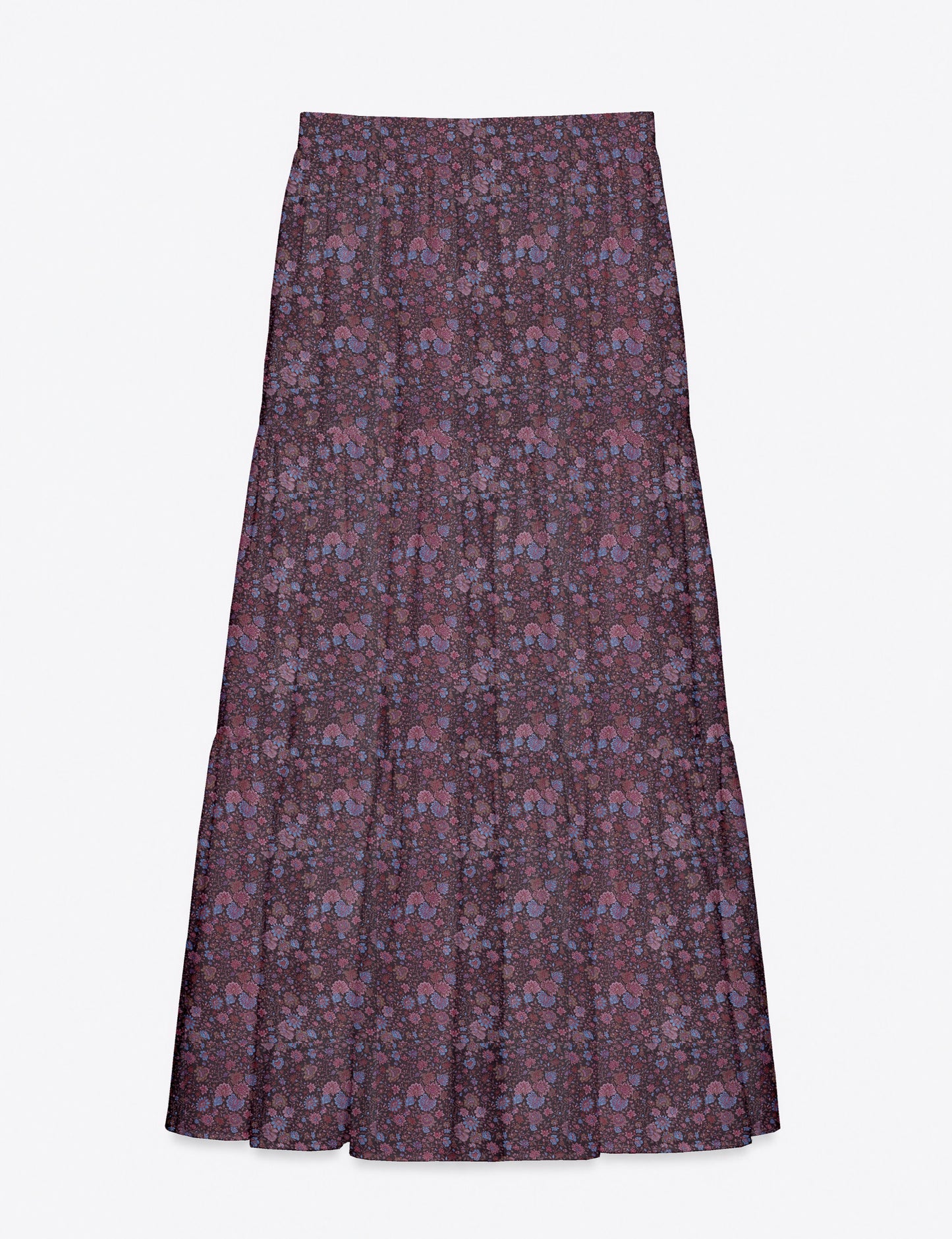 Yellow midi tiered skirt with small dark geometric micro pattern, flat lay front view