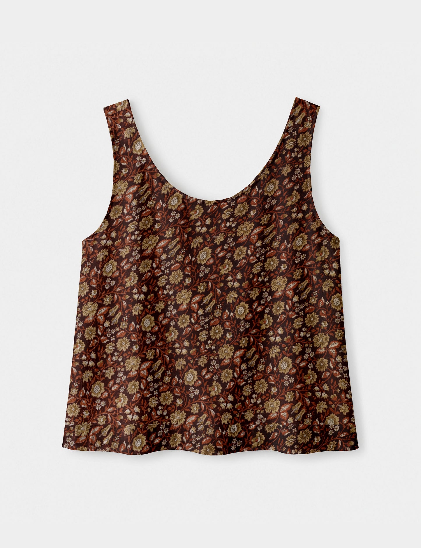 Women's sleeveless blouse with a relaxed straight fit, wide scoop neckline, deep scoop back, and hip-length silhouette.