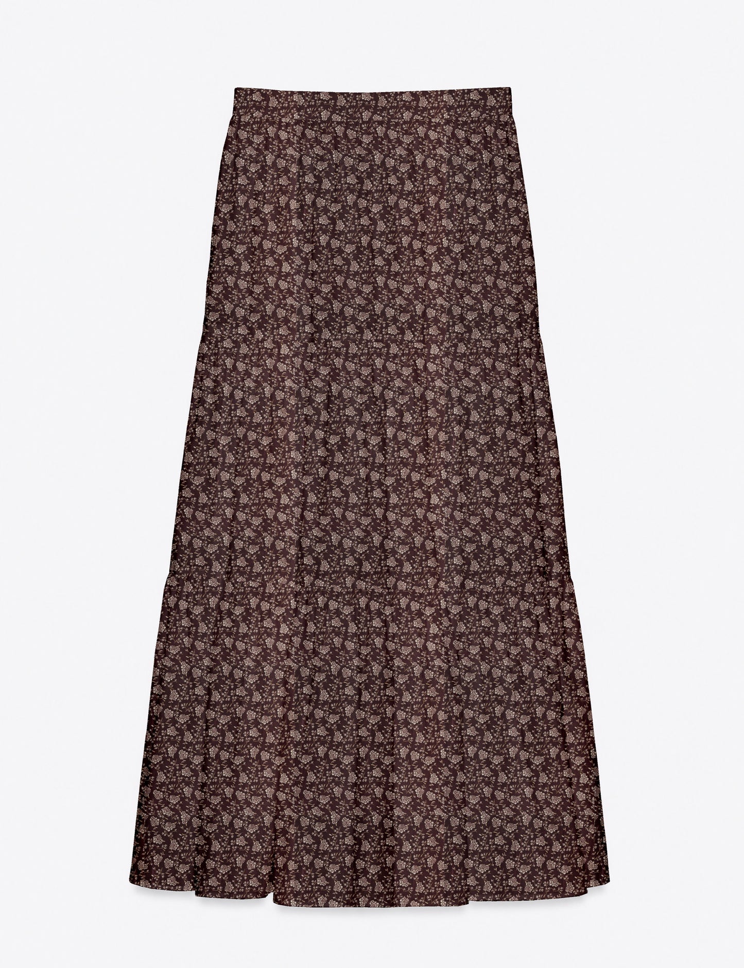 Yellow midi tiered skirt with small dark geometric micro pattern, flat lay front view