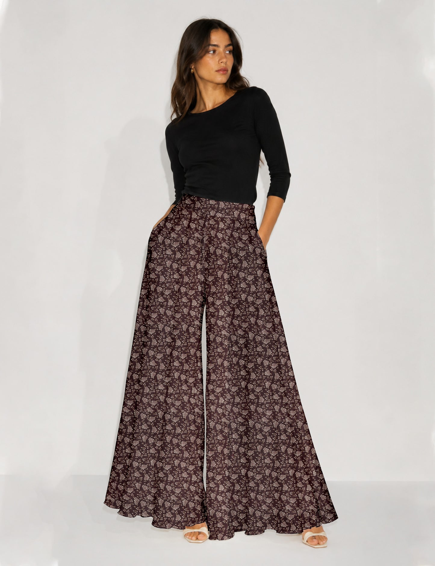 Wide Leg Palazzo Trousers - Brown Tropical