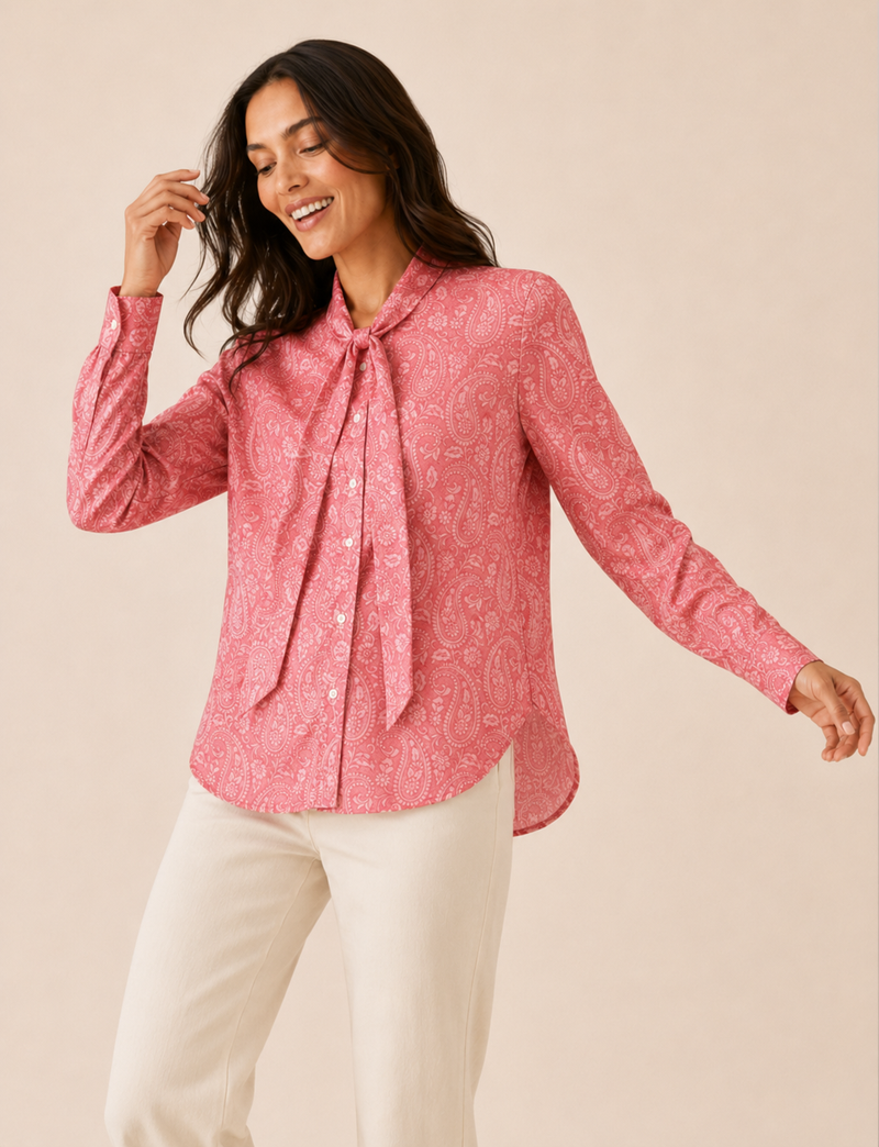 Hemd mit Fliege - Pink Paisley, lockere Passform, langärmelige Bluse