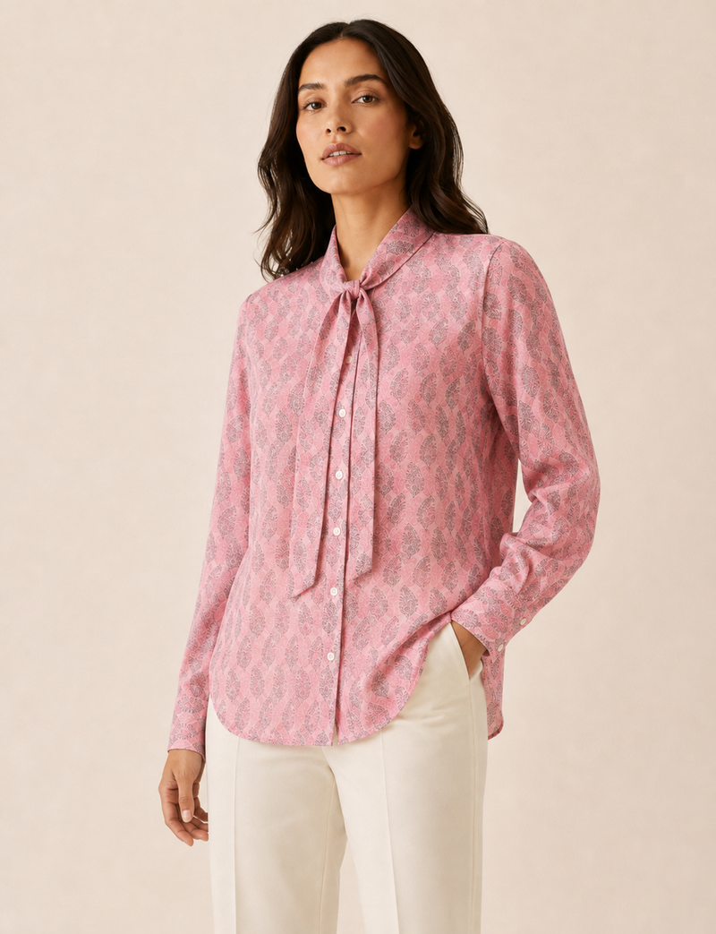 Camicia con fiocco - Rosa Foglie, vestibilità comoda, manica lunga, con bottoni