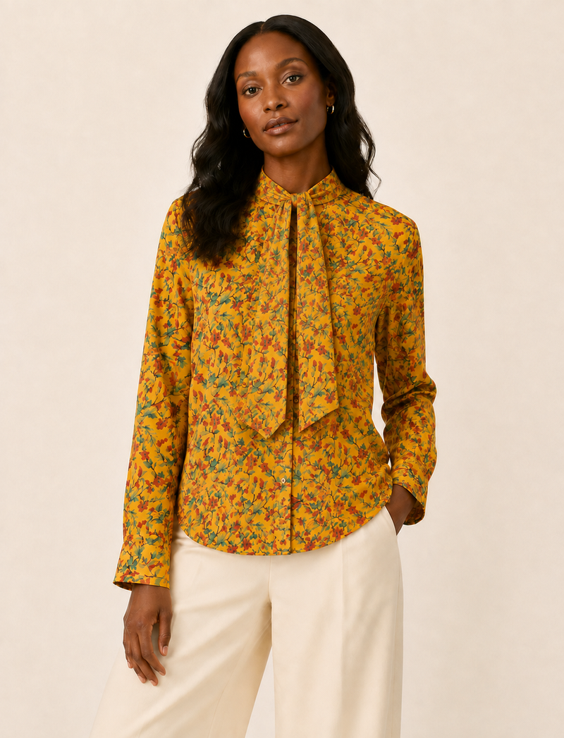 Bowtie Shirt - Yellow Tropical, Relaxed Fit Long Sleeve Button Down