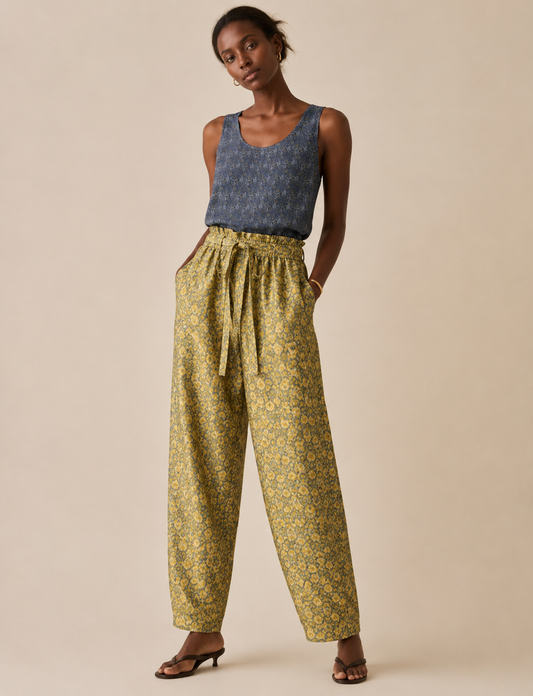 Pantaloni a vita alta in tessuto Paperbag - Giallo geometrico