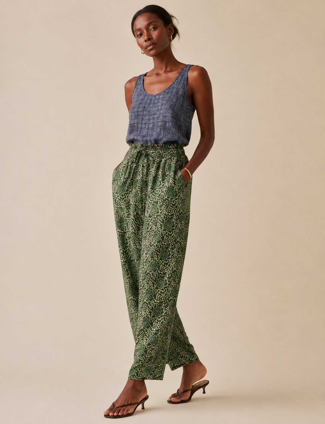Pantaloni a vita alta in carta - Verde tropicale