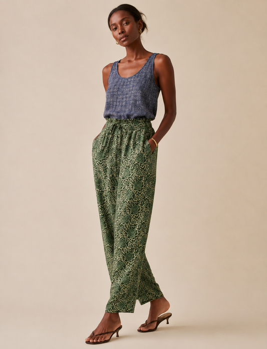 Pantaloni a vita alta in carta - Verde tropicale
