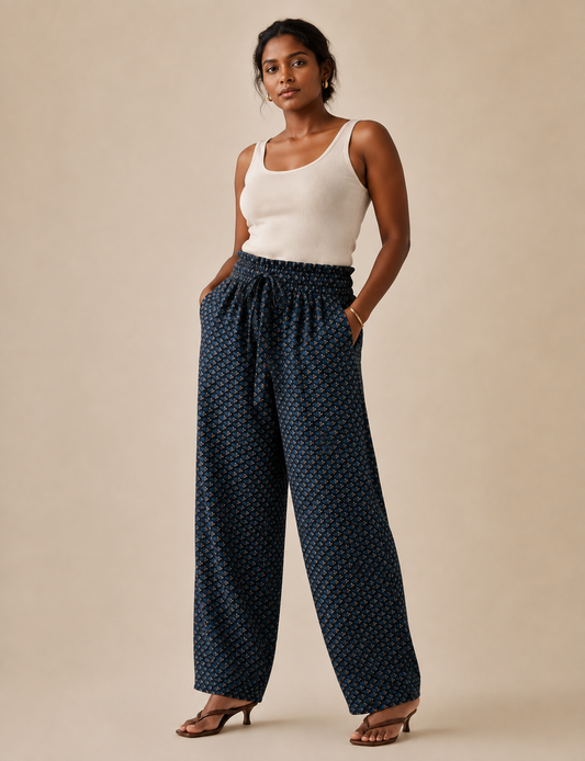 Pantaloni a vita alta in tessuto Paperbag - Micro design blu