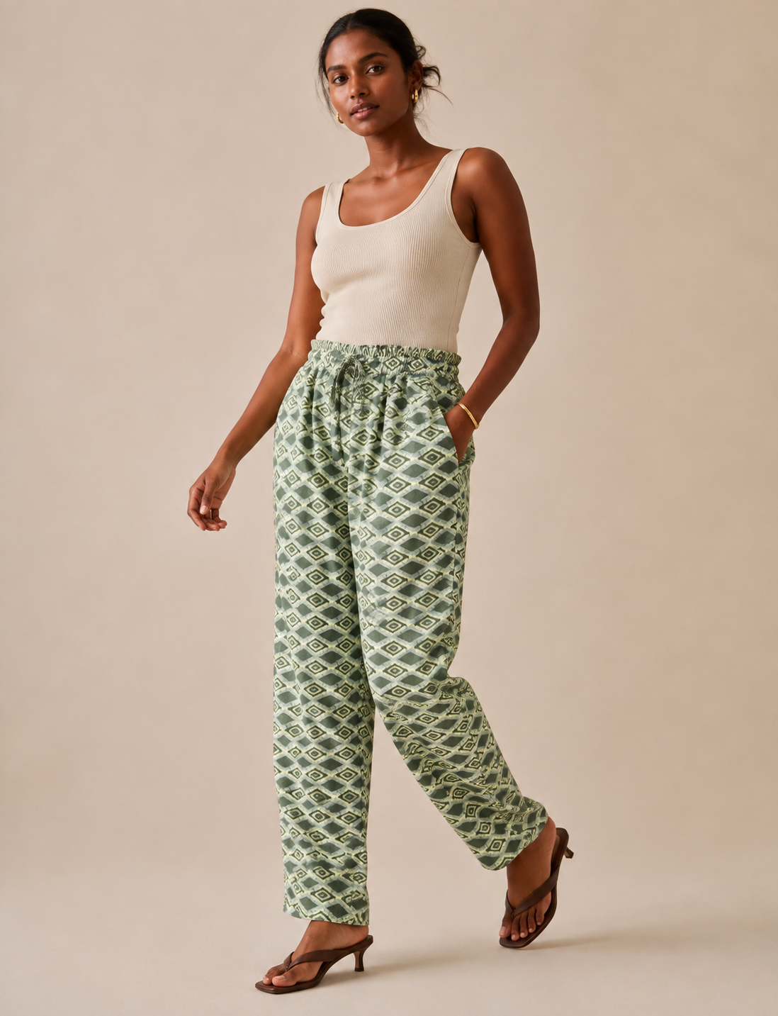 Pantaloni a vita alta in tessuto Paperbag - Verde geometrico