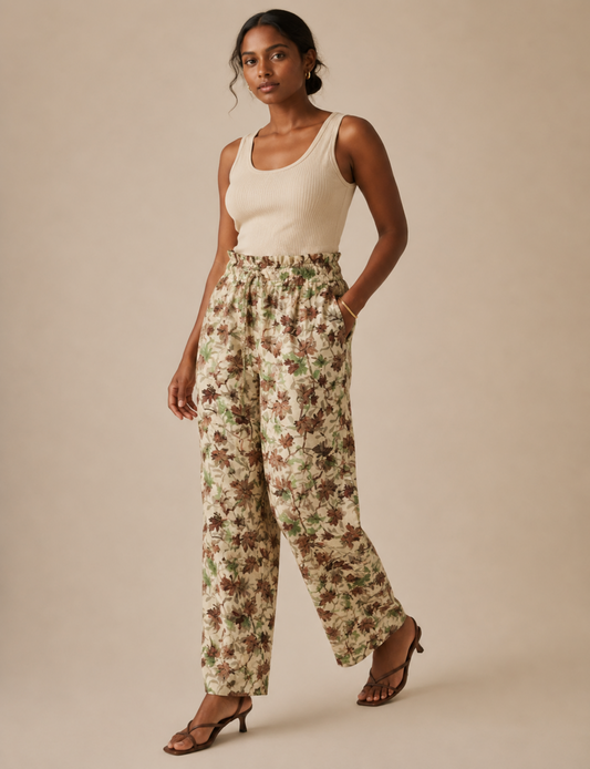 A woman modeling a pair of high-waisted, wide-leg trousers with a brown and green floral pattern on a cream background, paired with a cream tank top and brown strappy heels, against a solid beige studio background.