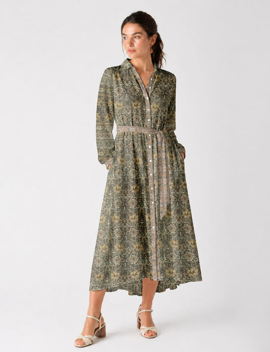 Long shirt dress side view highlighting flared silhouette