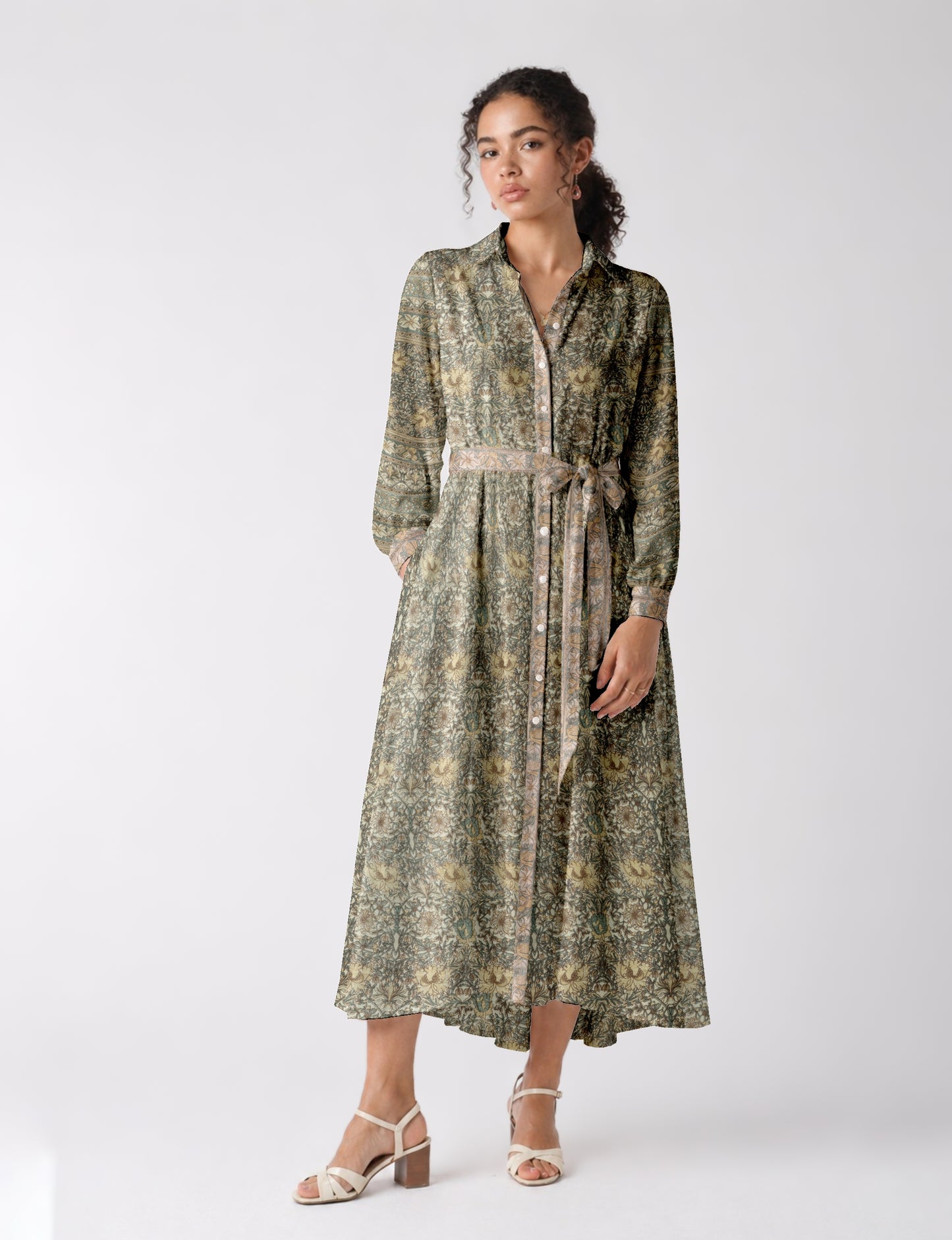 Flowing long shirt dress with relaxed fit and ankle-length design